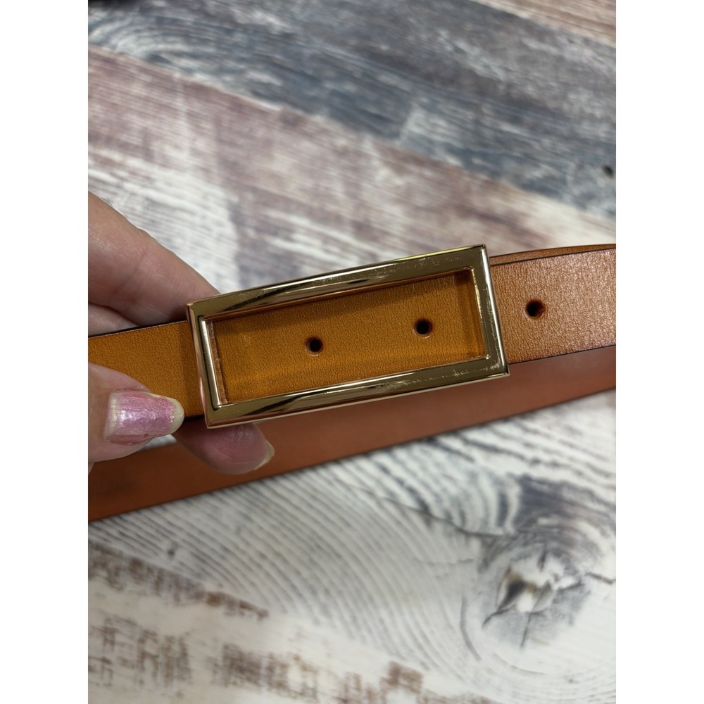 Vintage 80s Genuine Leather Wide Belt Tan Beige Gold Buckle Women Size M 100cm